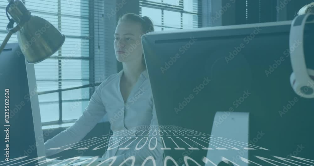 Poster at desk, businesswoman working with binary code animation overlay, focused on task