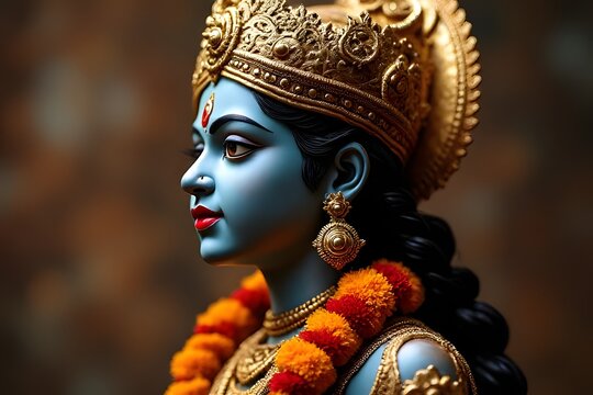 Hindu Goddess Profile View with Golden Crown and Garland Artwork