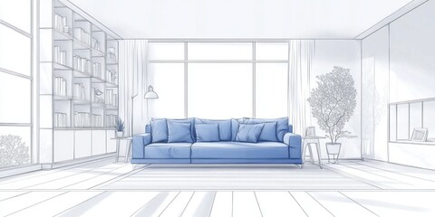 Blueprint sketch of modern living room with blue sofa, bookshelf, and large window.