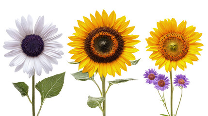 Obraz premium Floral border with sunflowers, daisies and purple flowers on white, cut out. Perfect for wedding, celebration, and seasonal design concepts