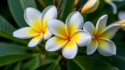 Fototapeta premium Three white frangipani flowers bloom gracefully under the sunlight