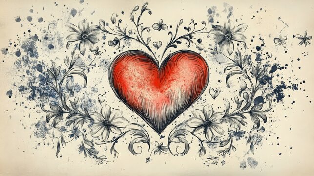 Floral valentine heart drawing for romantic sentiments and affection