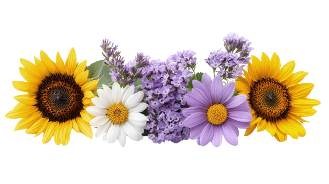 Floral border with sunflowers, daisies and purple flowers on white, cut out. Perfect for wedding, celebration, and seasonal design concepts