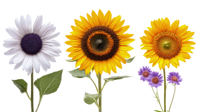 Floral border with sunflowers, daisies and purple flowers on white, cut out. Perfect for wedding, celebration, and seasonal design concepts