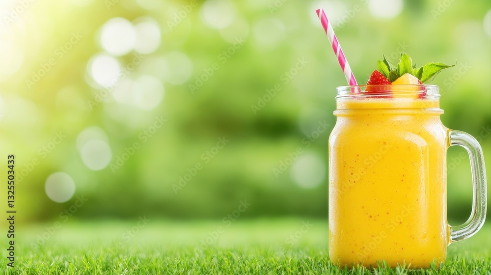 Poster delicious orange smoothie in a mason jar with straw inserted for easy enjoyment in a bright and colo