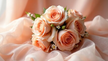 Obraz premium A delicate arrangement of peach roses nestled on soft, flowing fabric, creating a romantic and elegant scene.