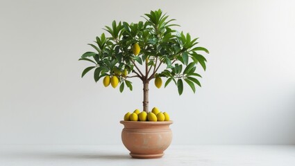 Fototapeta premium Small Pruned Mango Tree in Terracotta Pot with Yellow Fruit