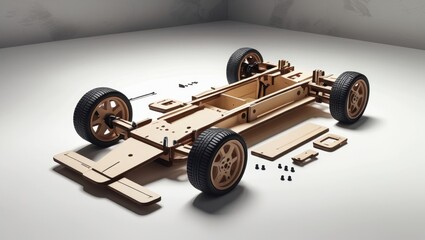 Unassembled Wooden Model Car Chassis Kit on Beige Surface