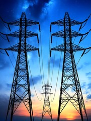 Overhead power lines and transmission towers against a night sky