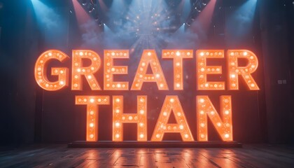 Illuminated Greater Than Sign on Stage with Dramatic Lighting and Smoke