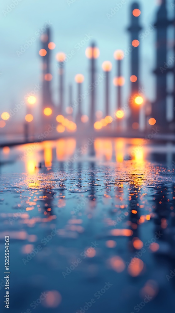 Aufkleber a serene, blurred view of illuminated structures reflecting on a wet surface, evoking a tranquil atm