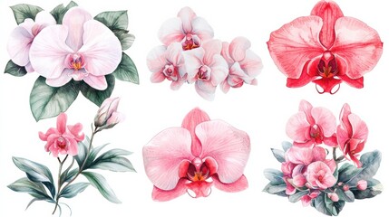 A vibrant yet delicate set of six hand painted watercolor orchids