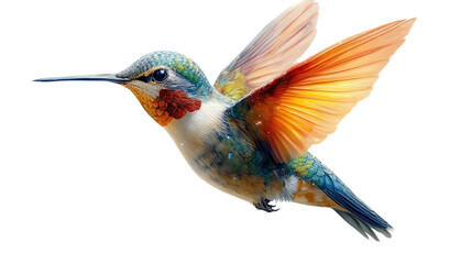 Hummingbird in Flight: A vibrant hummingbird, its wings blurred in motion, hovers mid-air against a soft background, showcasing its iridescent plumage and slender beak