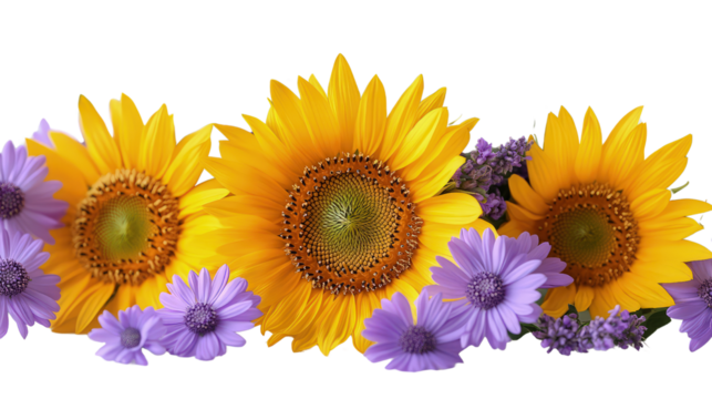 Floral border with sunflowers, daisies and purple flowers on white, cut out. Perfect for wedding, celebration, and seasonal design concepts