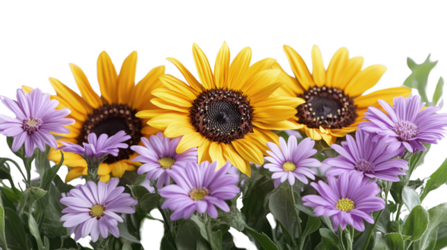 Floral border with sunflowers, daisies and purple flowers on white, cut out. Perfect for wedding, celebration, and seasonal design concepts