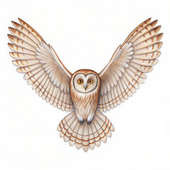 An owl is flying, showing off his beautiful wings, isolated on white background