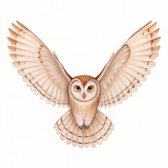 An owl is flying, showing off his beautiful wings, isolated on white background