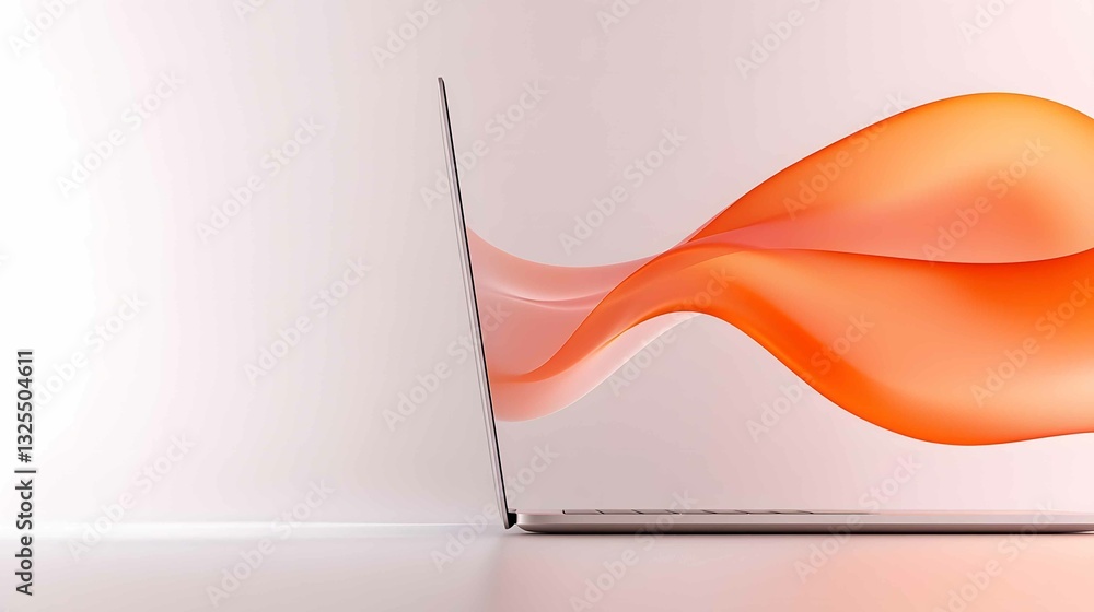 Fototapete modern laptop on a minimalist desk with a dynamic orange wave design flowing from it