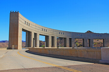 Hydroelectric Power Parker Dam on the Colorado River and Lake Havasu, in Parker Dam, California, USA with blue sky copy space.