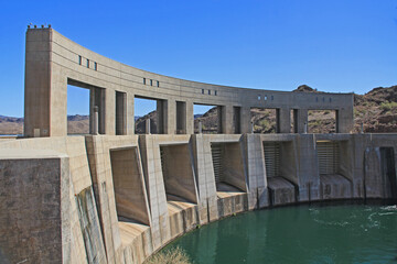 Hydroelectric Power Parker Dam on the Colorado River and Lake Havasu, in Parker Dam, California, USA with blue sky copy space.