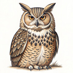 Fototapeta premium An owl is Standing on a branch, isolated on white background