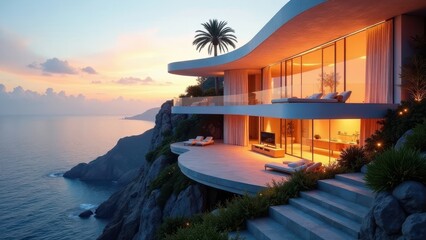 Fototapeta premium Oceanfront Residence at Sunset Modern Architectural Design with Panoramic Views