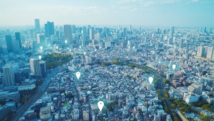 Aerial View of Urban Landscape with Location Pins on City Map