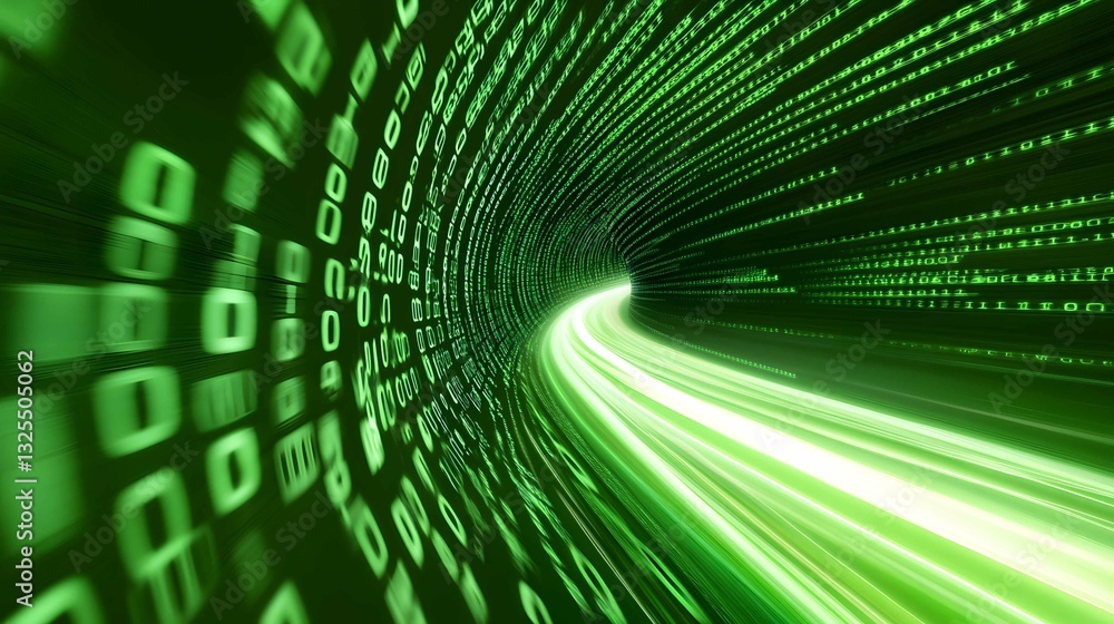 Poster modern digital tunnel showcasing flowing binary code with vibrant green light effects in a futuristi