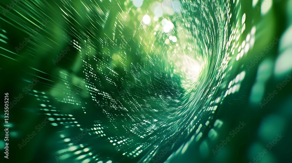 Poster swirling green light creating a sense of depth and motion in an abstract digital vortex with soft gl