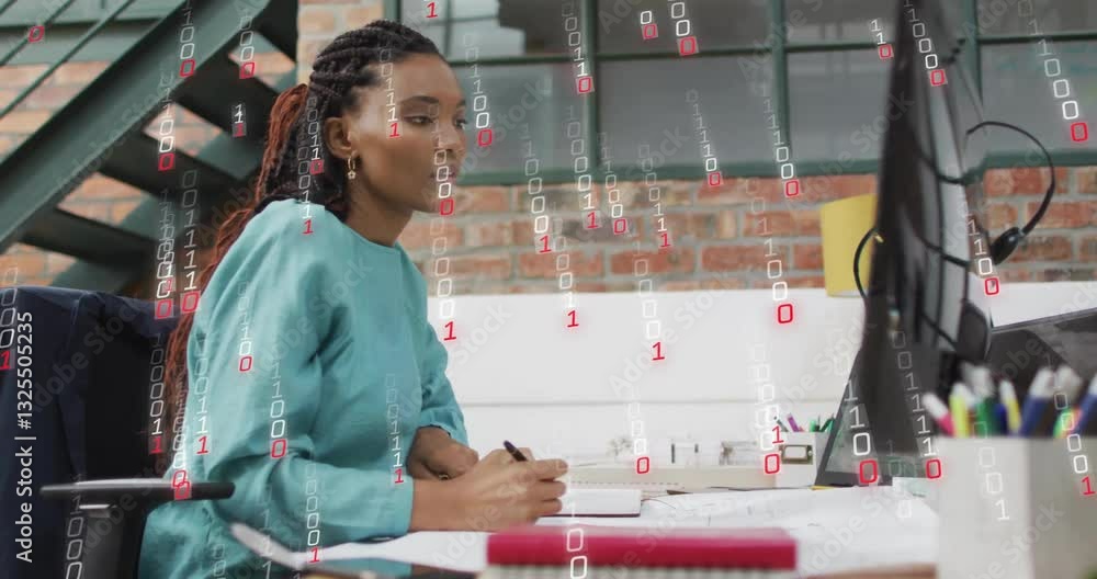 Aufkleber working at desk, businesswoman surrounded by binary code animation, focused on task