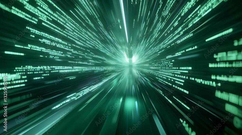 Poster fast-moving green light streams create a futuristic digital landscape resembling a virtual reality e