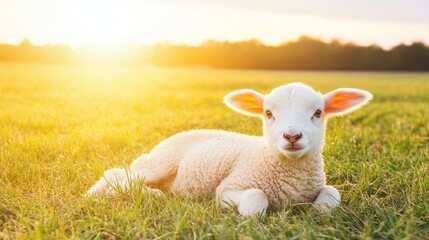 Obraz premium Sweet lamb laying gracefully in the grass with a peaceful expression capturing an idyllic scene of nature's beauty