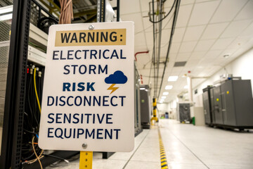 Fototapeta premium A warning sign alerts about electrical storm risks, advising disconnection of sensitive equipment in a data center.