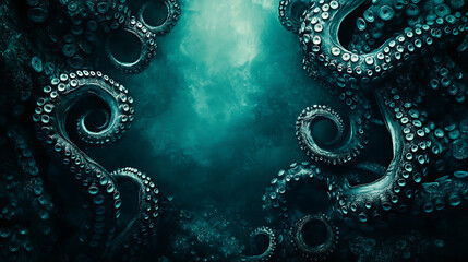 Dark Blue Underwater Scene Featuring Octopus Tentacles with Textured Details and Evocative Atmosphere