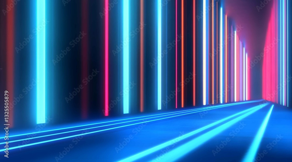 Poster neon lights create a vibrant pathway in a dark corridor with dynamic colors illuminating the surroun