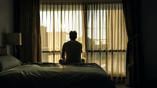 Man sits on bed gazing out window at sunrise Silhouette is visible against bright light