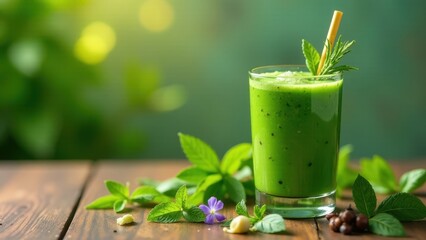 Refreshing Green Smoothie with Fresh Herbs and Flowers on Wooden Table