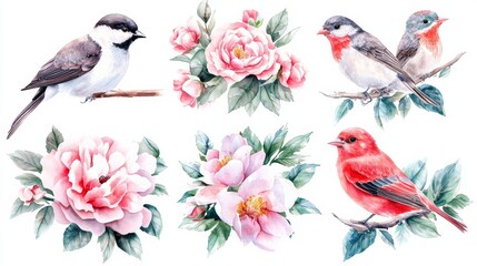 Vibrant watercolor of birds and flowers