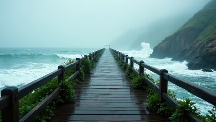 Obraz premium Wooden walkway extending into a tempestuous ocean, surrounded by lush vegetation and dramatic cliffs under a misty sky
