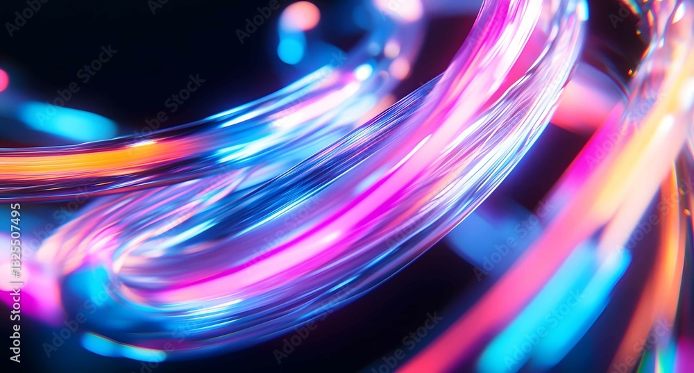 Poster fluid ribbons of light swirl and intertwine in a vibrant display of color against a dark background