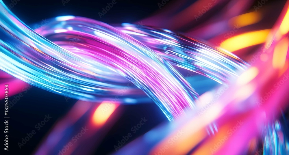 Poster colorful strands of light twist and flow dynamically against a dark background in an abstract displa