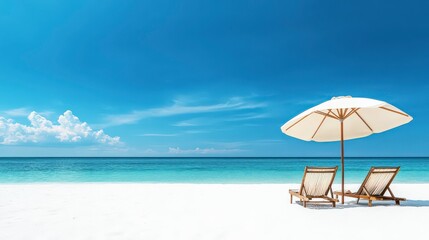 Panoramic View of Pristine White Sand Beach with Wooden Sun Loungers Under Umbrella and Clear Blue Water, Perfect for Summer Vacation Photo Shoot