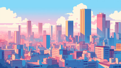Obraz premium ノスタルジックな80年代アニメ風の未来都市｜ピンクとブルーのパステルカラーが美しい高層ビル群｜幻想的な夕焼け空が映し出す都市のシルエット｜シティポップな色彩が広がるロマンチックな街並み