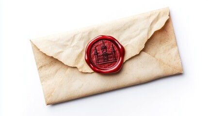 An old envelope with a wax seal, on the seal is an ancient castle, white background