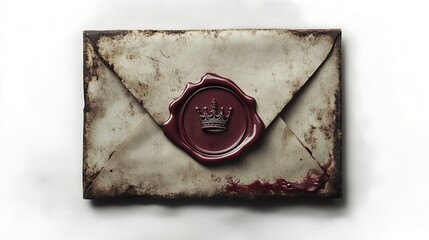 An old envelope with a wax seal, on the seal of the crown, on a white background
