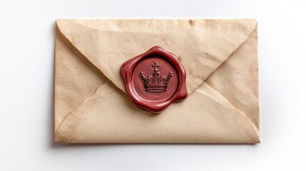 An old envelope with a wax seal, on the seal of the crown, on a white background
