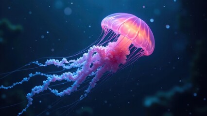 Obraz premium A luminous pink jellyfish gracefully glides through the deep ocean, its tentacles trailing behind like ethereal ribbons in a mesmerizing underwater ballet.