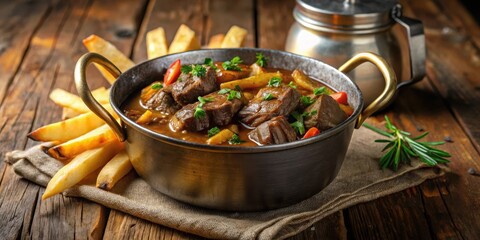 Cozy Belgian Beef Stew in Rustic Vintage Pot, served with Crispy Golden French Fries, rustic pot
