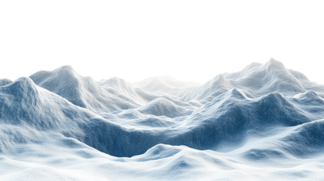 Winter landscape with snow-covered mountains on transparent background, cut out. Perfect for seasonal, environmental, and 3D visualization projects