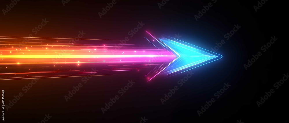 Poster colorful glowing arrow points right against a black background with a gradient of vibrant colors and